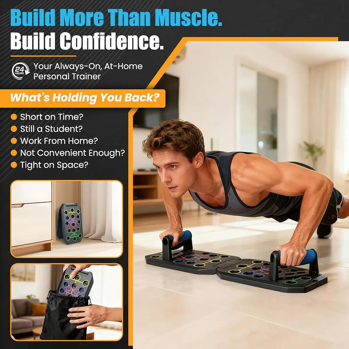 28-Hole Enhanced Push-Up Board Fitness Kit, Unisex Foldable Home Gym Exercise Equipment with Push up Bars, Resistance Band & Upper Body Toner, Travel-Ready Strength Training Accessory for Chest, Arms & Core, Boyfriend Gift, Home Training Equipment