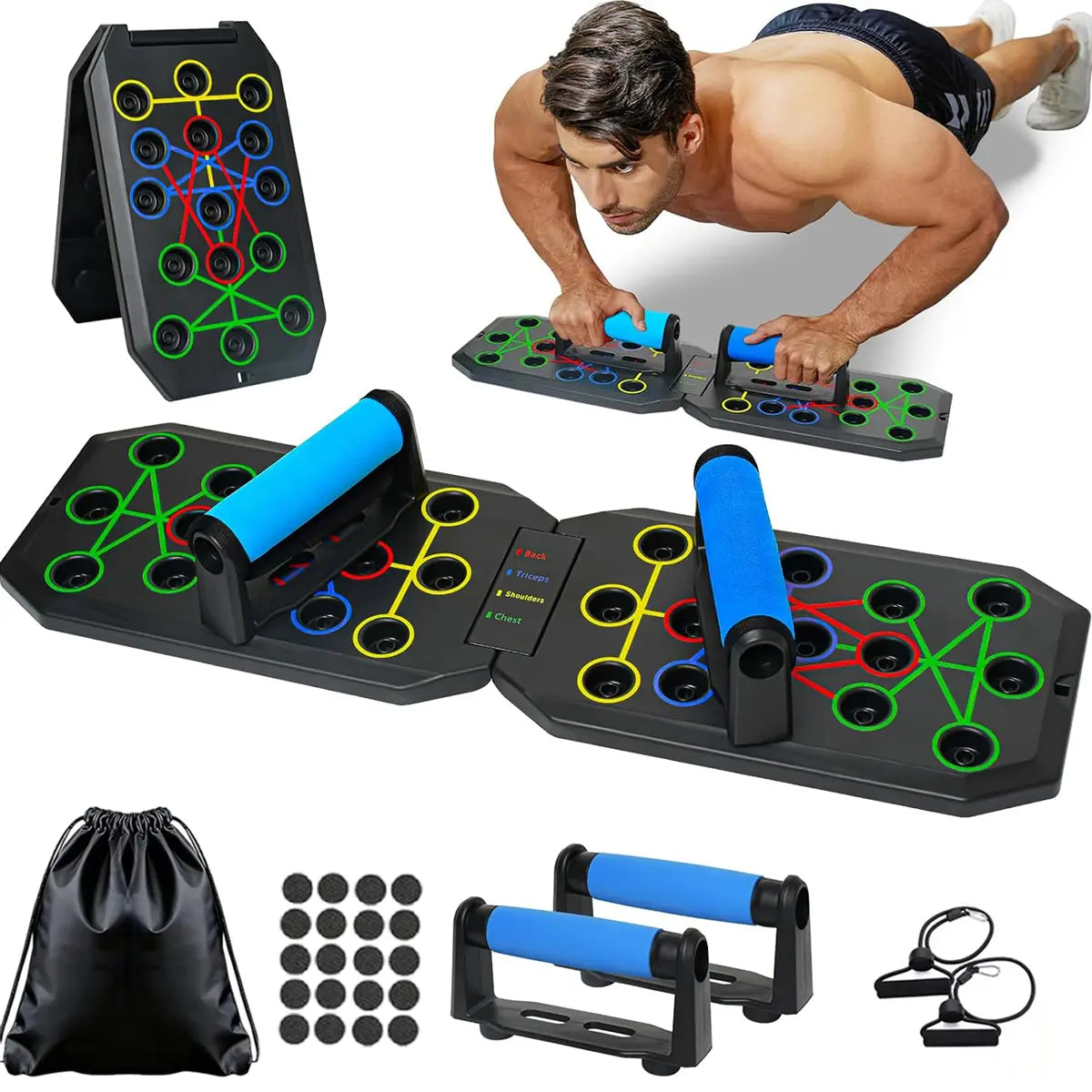 28-Hole Enhanced Push-Up Board Fitness Kit, Unisex Foldable Home Gym Exercise Equipment with Push up Bars, Resistance Band & Upper Body Toner, Travel-Ready Strength Training Accessory for Chest, Arms & Core, Boyfriend Gift, Home Training Equipment