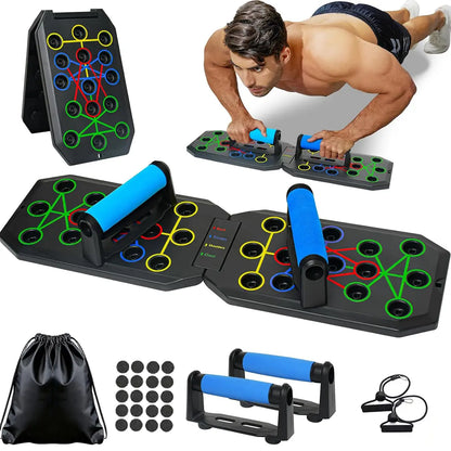28-Hole Enhanced Push-Up Board Fitness Kit, Unisex Foldable Home Gym Exercise Equipment with Push up Bars, Resistance Band & Upper Body Toner, Travel-Ready Strength Training Accessory for Chest, Arms & Core, Boyfriend Gift, Home Training Equipment