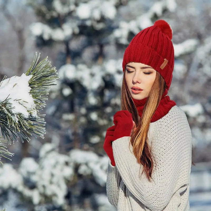 2026 NEW Women Winter Beanie Hat Scarf Gloves Set, Warm Fleece Knit Touch Screen Gloves, Double-Layered Brim, Ideal Gift for Thanksgiving 3 Pieces Touchscreen Gloves, Beanie Hat,And Scarf for Men'S and Women'S