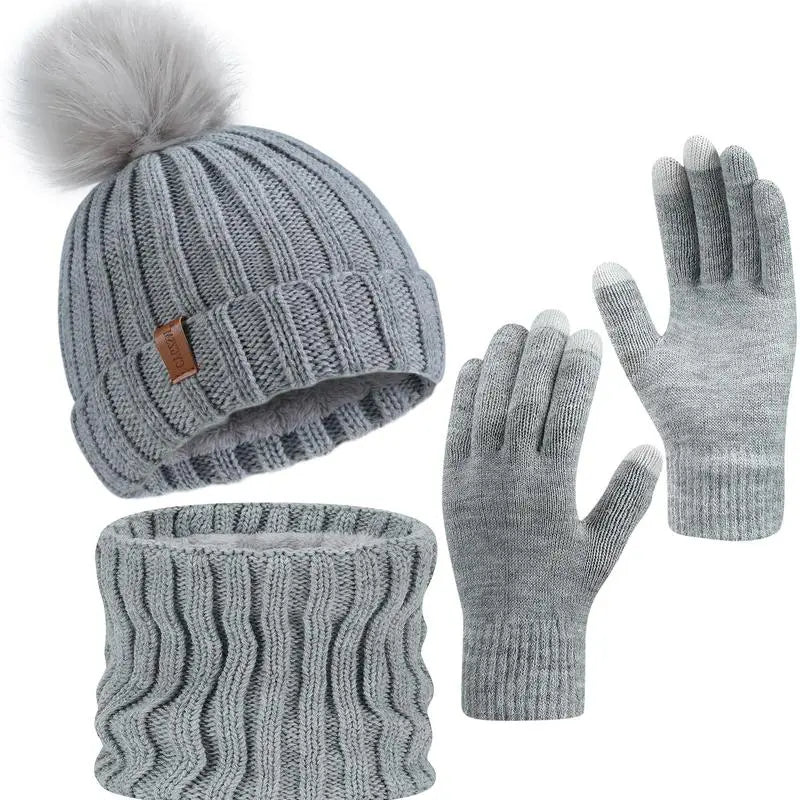 2026 NEW Women Winter Beanie Hat Scarf Gloves Set, Warm Fleece Knit Touch Screen Gloves, Double-Layered Brim, Ideal Gift for Thanksgiving 3 Pieces Touchscreen Gloves, Beanie Hat,And Scarf for Men'S and Women'S