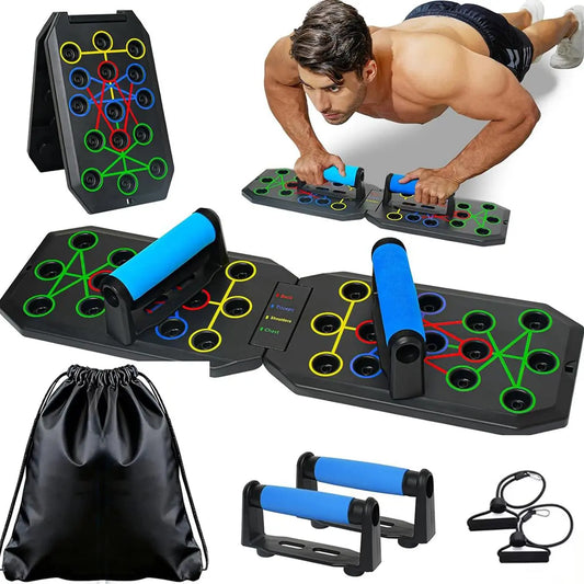 28-Hole Enhanced Push-Up Board Fitness Kit, Unisex Foldable Home Gym Exercise Equipment with Push up Bars, Resistance Band & Upper Body Toner, Travel-Ready Strength Training Accessory for Chest, Arms & Core, Boyfriend Gift, Home Training Equipment