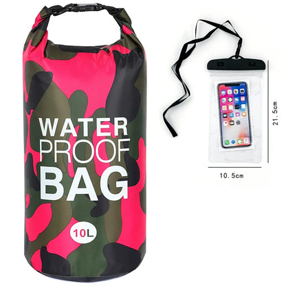 10L Camouflage Floating Waterproof Dry Bag with Roll-Top Closure & Touchscreen Phone Case, Unisex Boating Accessory for Kayaking, Adult-Fit Beach Essential, Fits Adults