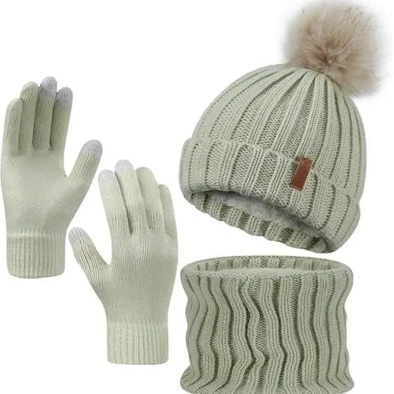 2026 NEW Women Winter Beanie Hat Scarf Gloves Set, Warm Fleece Knit Touch Screen Gloves, Double-Layered Brim, Ideal Gift for Thanksgiving 3 Pieces Touchscreen Gloves, Beanie Hat,And Scarf for Men'S and Women'S